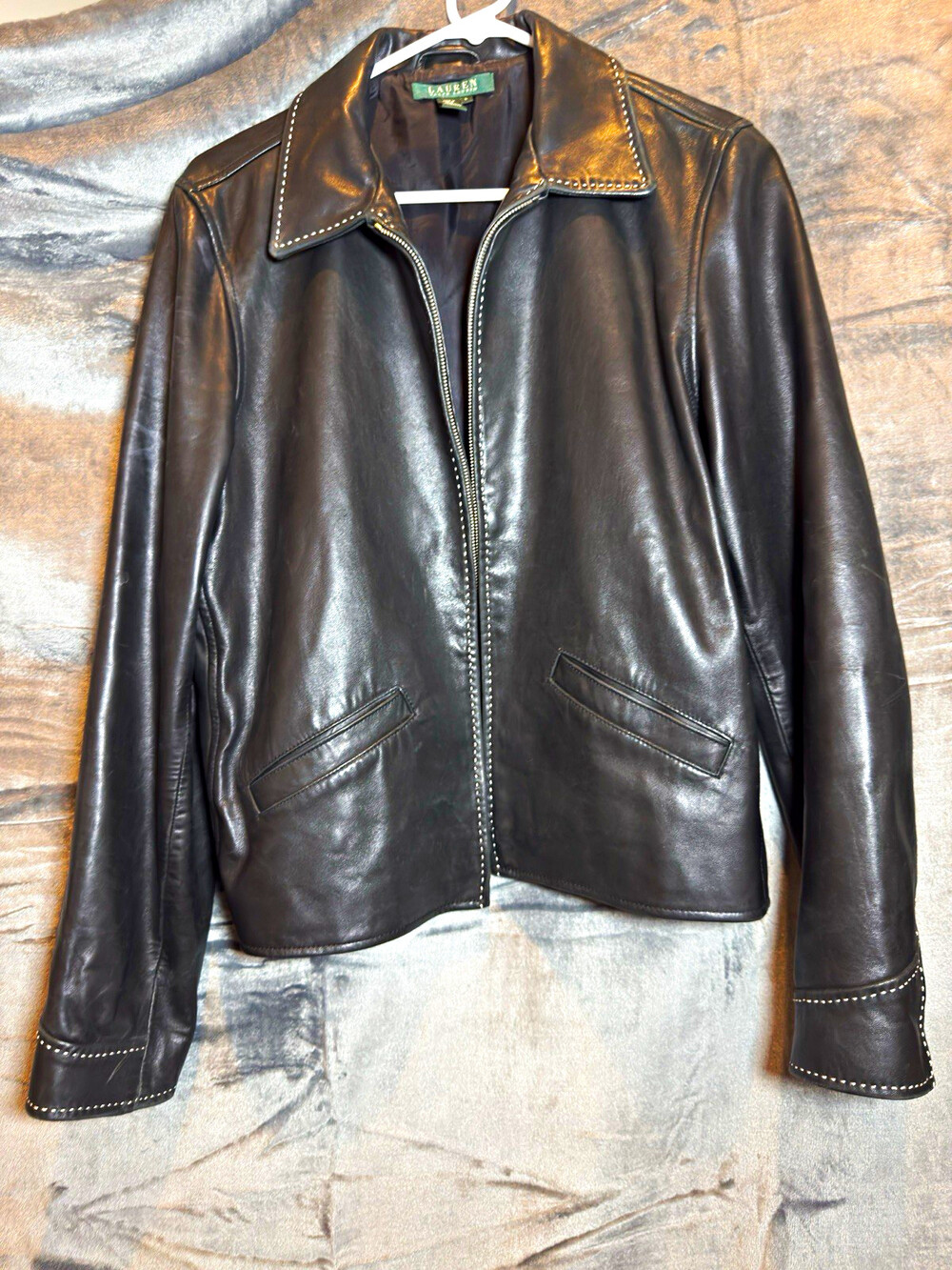 Vintage 90s Lauren Ralph Lauren W Black Leather Jacket L Cropped w Wh Stitching